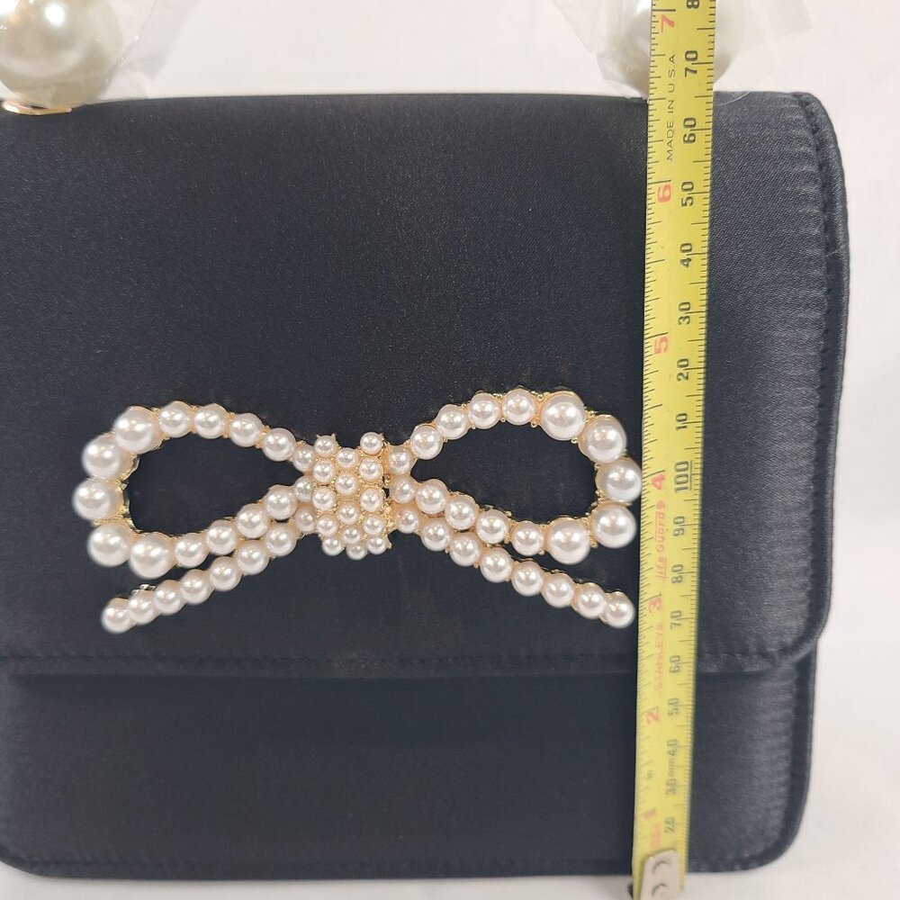 NWT Shiraleah Black Maude Mini Top Handle Bag Pearl Bow Accent Gold Chain Strap - Picture 8 of 10